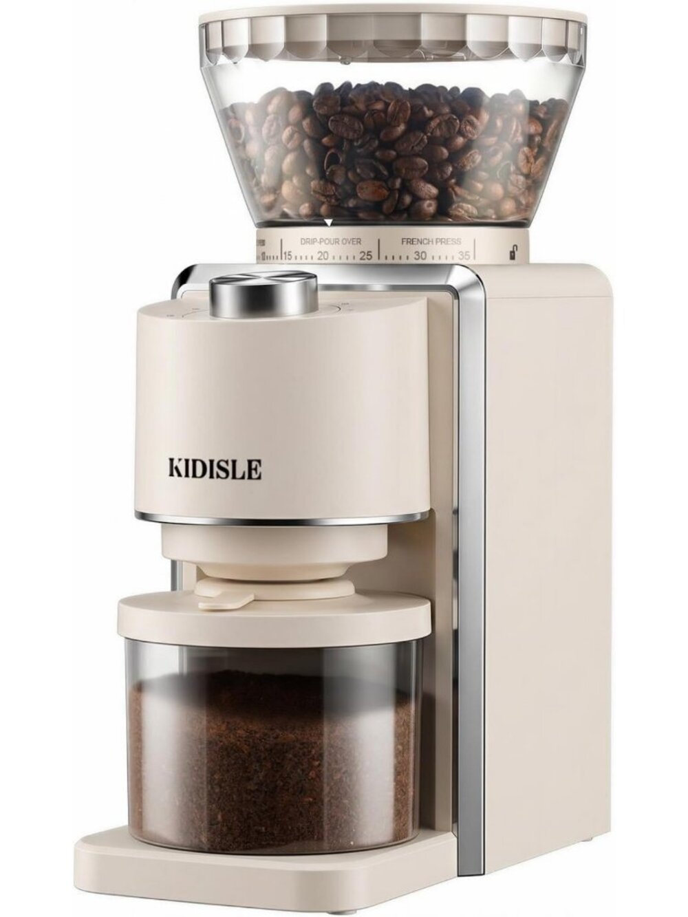 Electric Conical Burr Coffee Grinder, 35 Settings, Anti-Static, Home Use, Beige